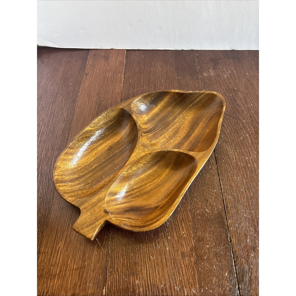 Alii Woods Honolulu Monkey Pod Leaf Shaped 3 Divided Serving Bowl Wood